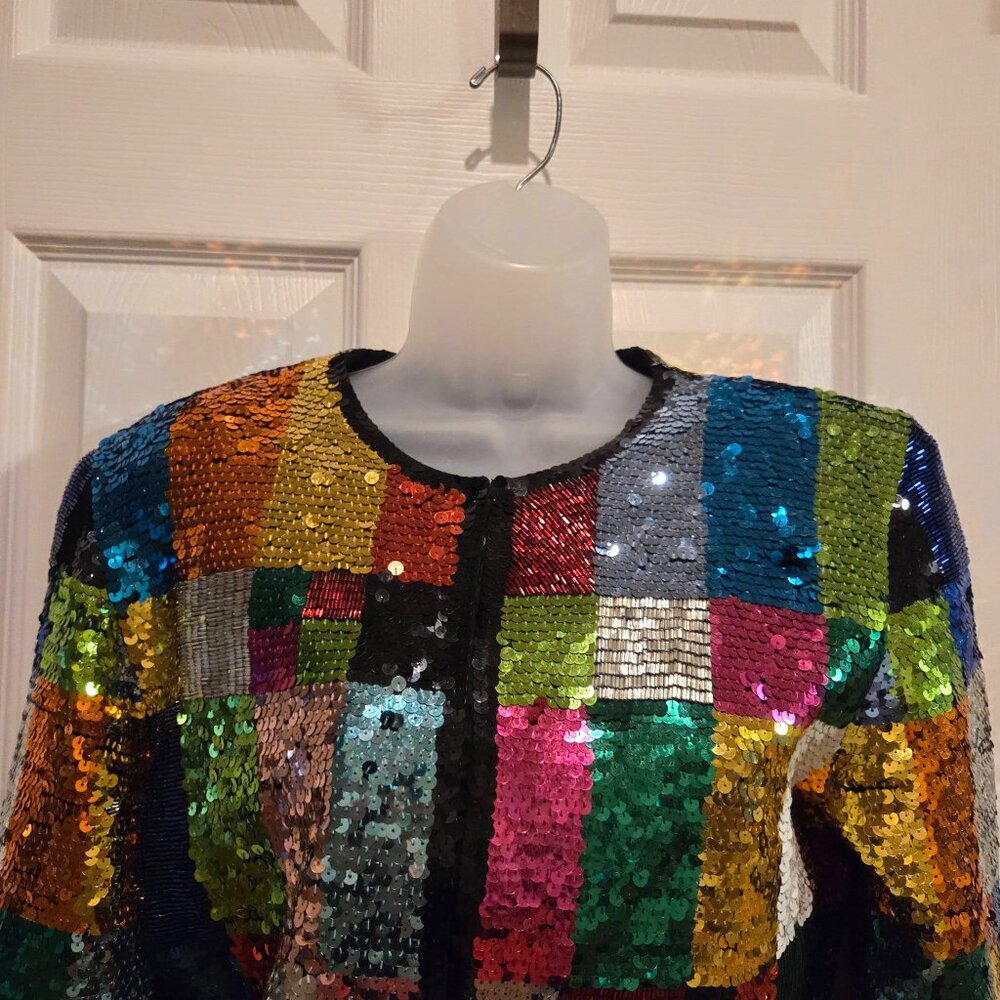 Vintage Adrienne Vittadini Rainbow Sequin Glitter Patchwork Jacket Small - Picture 6 of 15